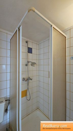 Badezimmer mit Dusche, Toilette, Handwaschbecken und Waschmaschinenanschluss