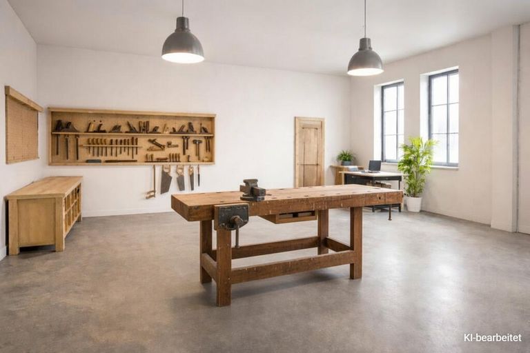 Industrieworkshop mit hellem Arbeitsplatz_KI_gener