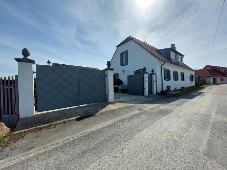 straßenseitige Hausansicht mit Einfahrtstor