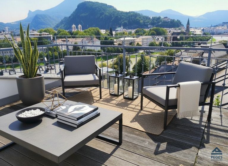 Dachterrasse mit 360°-Panoramablick - Möbel und Dekoration KI-generiert