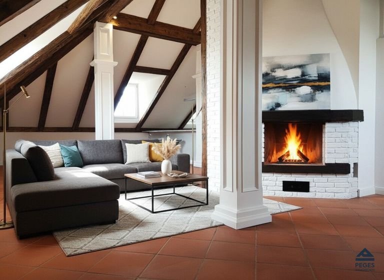 Wohnzimmer mit Effektfeuerkamin - Möbel und Dekoration KI-generiert