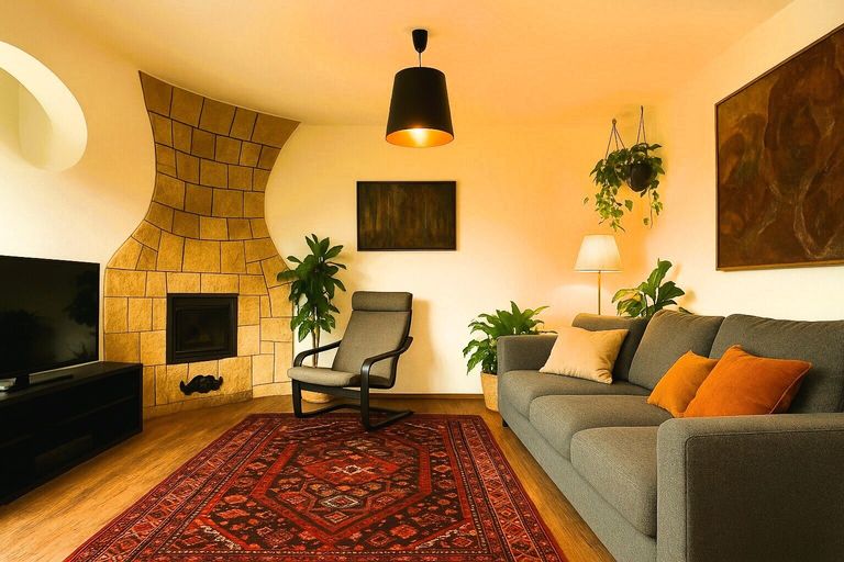 Gemütliches Wohnzimmer mit außergewöhnlichen Kachelofen