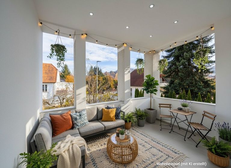 großer Balkon mit Einrichtungsbeispiel (KI erstellt)