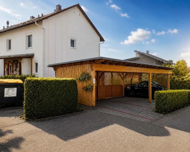 Hausansicht und Sicht zum Carport
