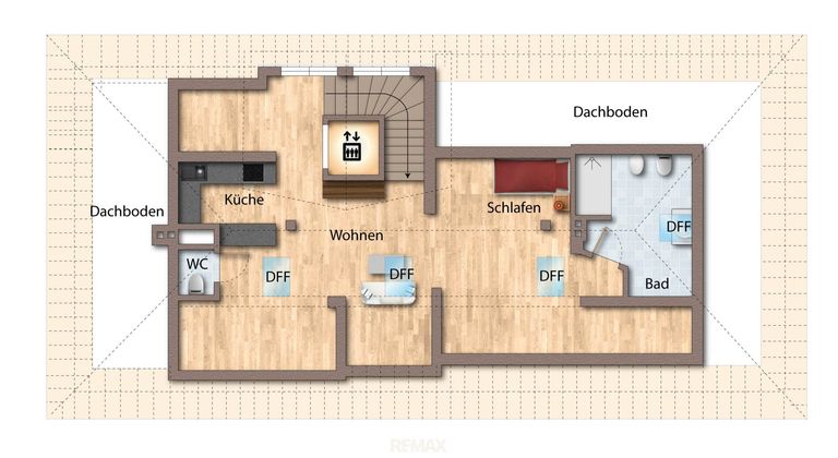 Grundriss als schematische Darstellung möbliert