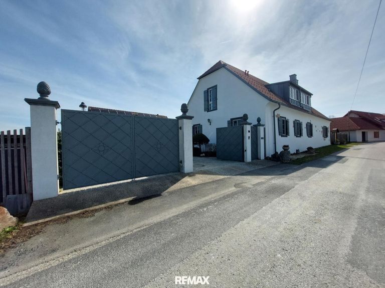 straßenseitige Hausansicht mit Einfahrtstor