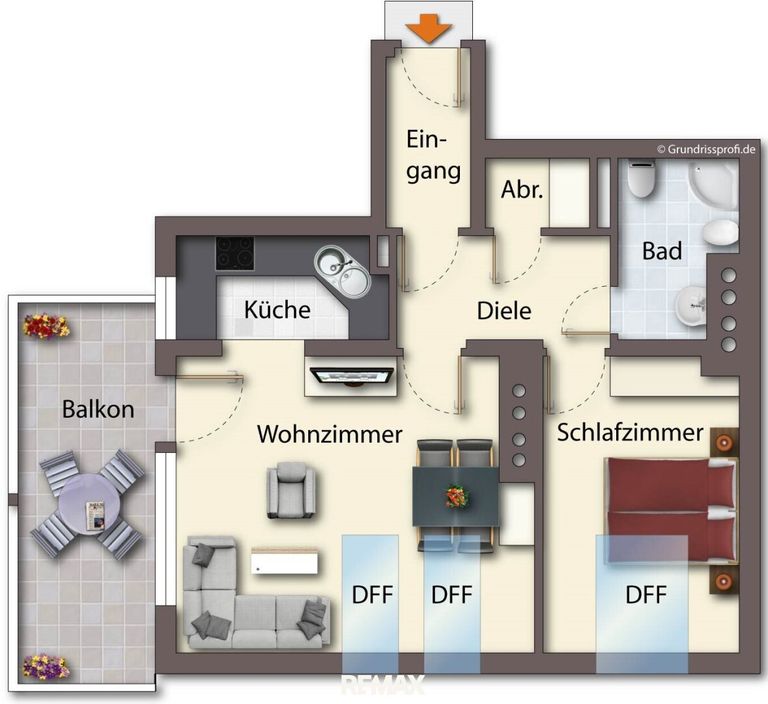 Grundriss als schematische Darstellung möbliert