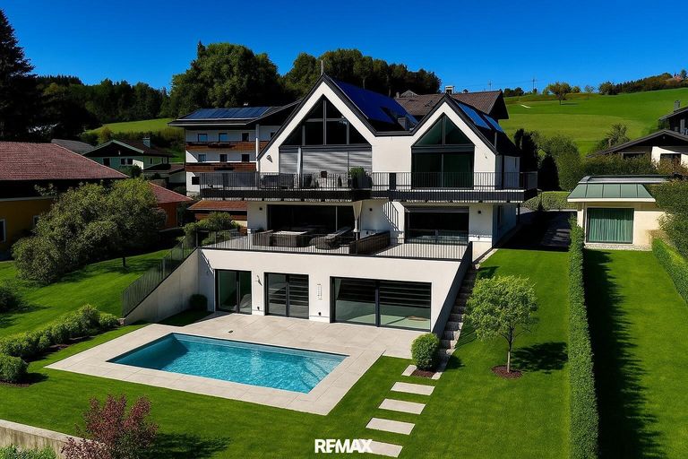 Gebäudvorderseite mit Pool und Garten KI unterstützt