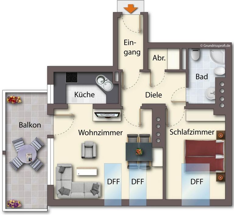 Grundriss als schematische Darstellung möbliert