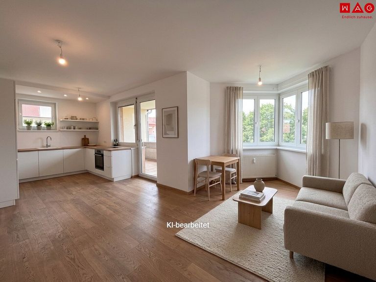 Wohnzimmer mit Küchenansicht Beispiel KI
