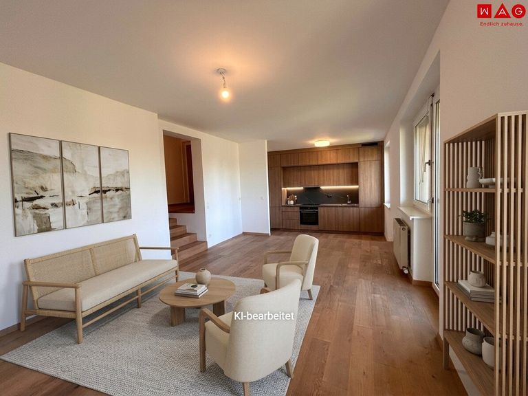 Wohnzimmer mit Küchenansicht Beispiel KI