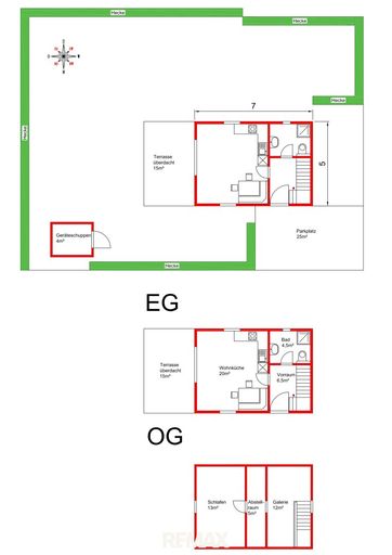 Skizze Grundriss, EG mit Garten und OG