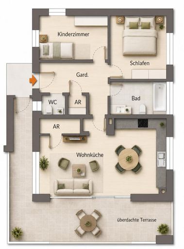 Grundriss möbliert als schematische Darstellung