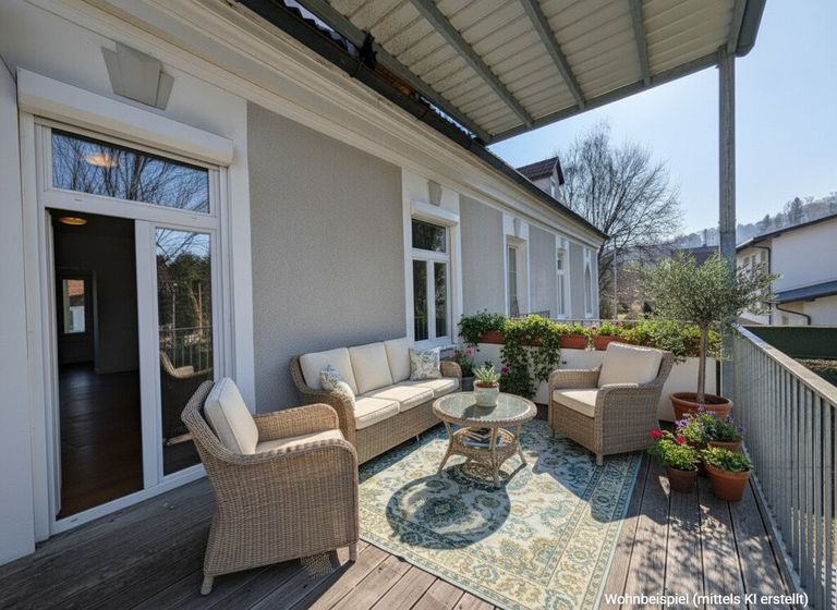 überdachter Balkon mit Einrichtungsbeispiel (mit KI erstellt)