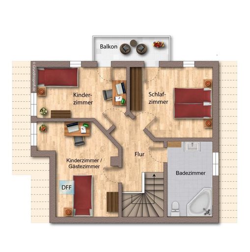 Dachgeschoss als schematische Darstellung möbliert