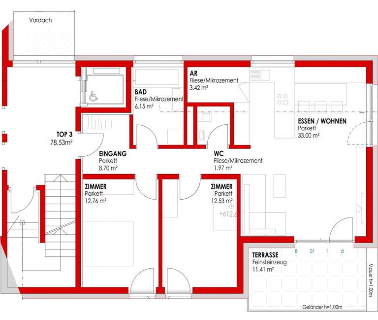 Grundriss 3-Zimmer Wohnung 1.OG TOP 03