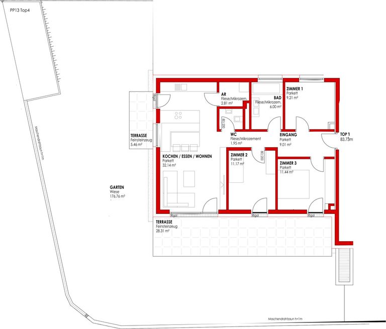 Grundriss 4-Zimmer Gartenwohnung TOP 01