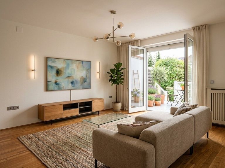 Wohn- bzw. Schlafzimmer mit Ki-generierter Einrichtung