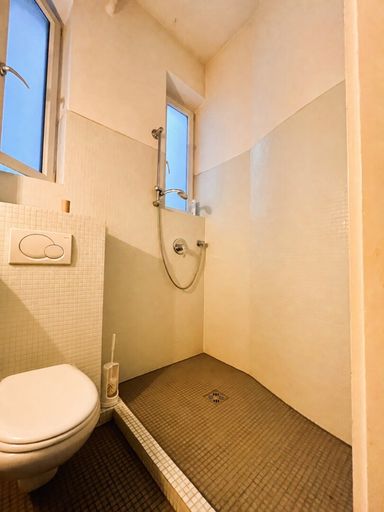 Bad mit Dusche, WC, Waschbecken + Fenster