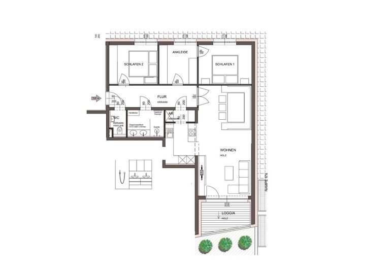 Grundriss Variante Schrankraum, 2 SZ