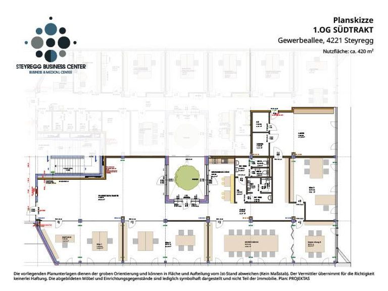 Planskizze 1.OG Südtrakt Möblierungsvorschlag