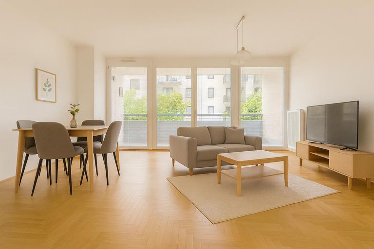 Rendering Wohnzimmer mit Blick zur Loggia