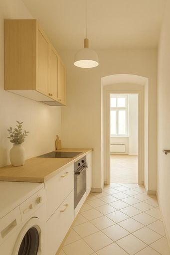 Rendering Küchenzeile mit Blick zum Wohnzimmer