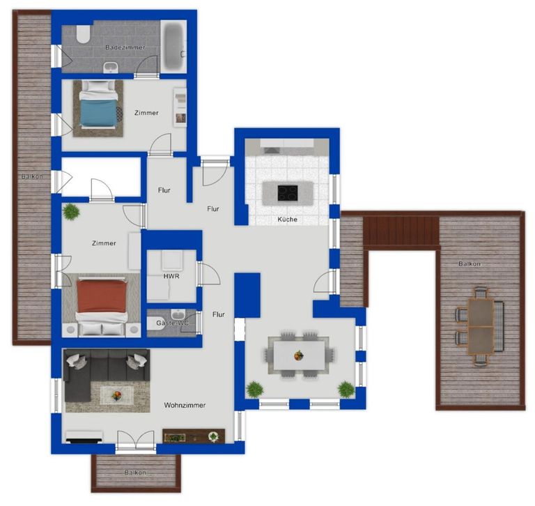 Grundriss als schematische Darstellung möbliert