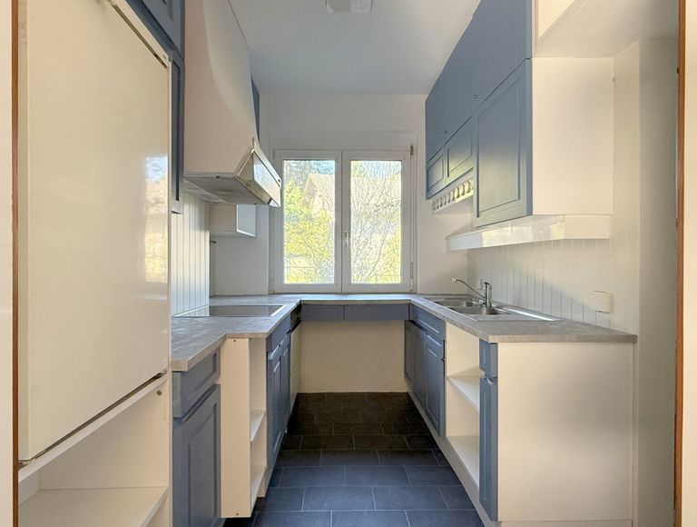 Helle Küche mit Blick ins Grüne