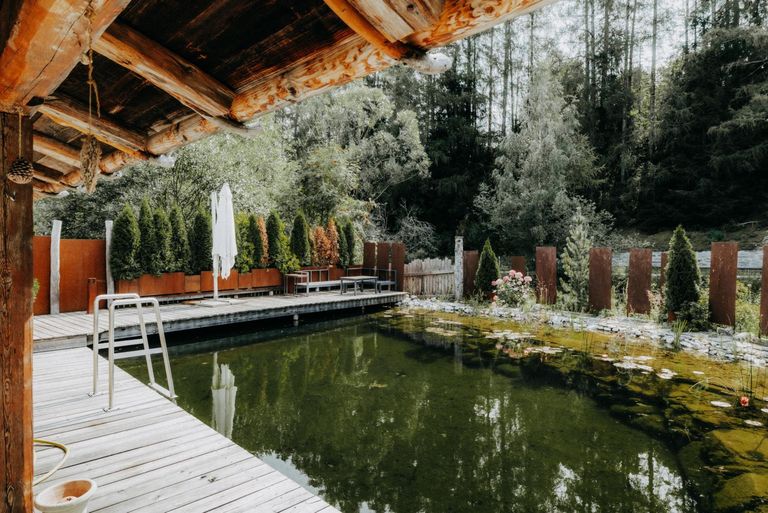 Naturbadeteich mit Steg und Loungebereich