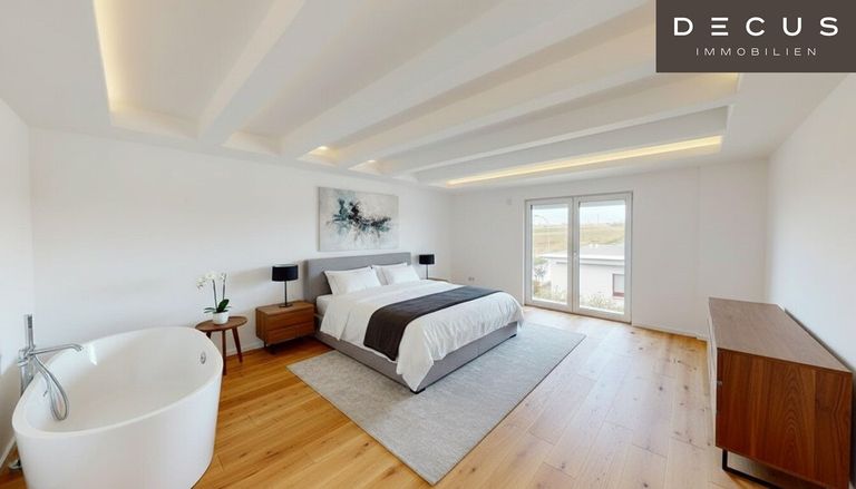 Einrichtungsvorschlag für Schlafzimmer und offenes Bad