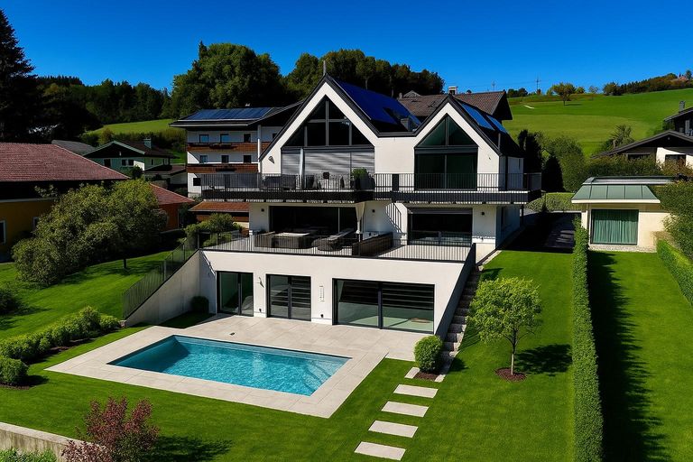 Gebäudvorderseite mit Pool und Garten KI unterstü