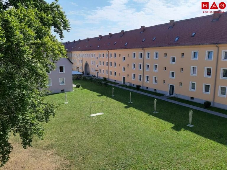 aus dem Fenster blickend, hofseitig