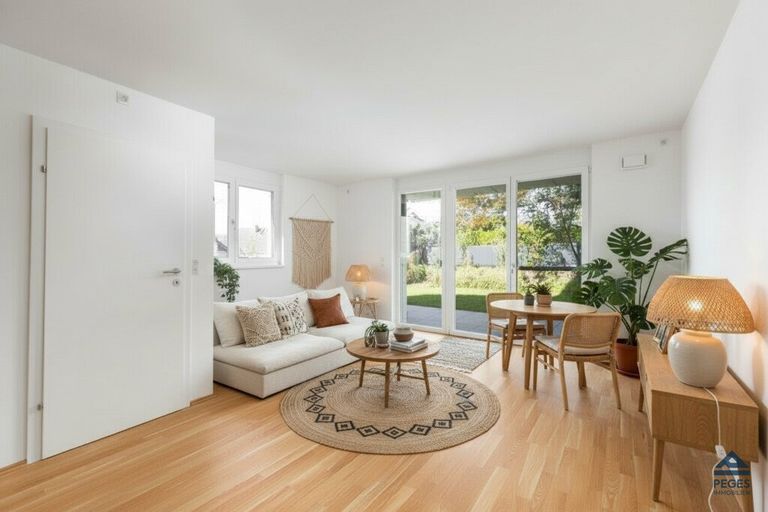 Wohnzimmer mit Blick Richtung Terrasse - Einrichtung und Dekoration KI-generiert