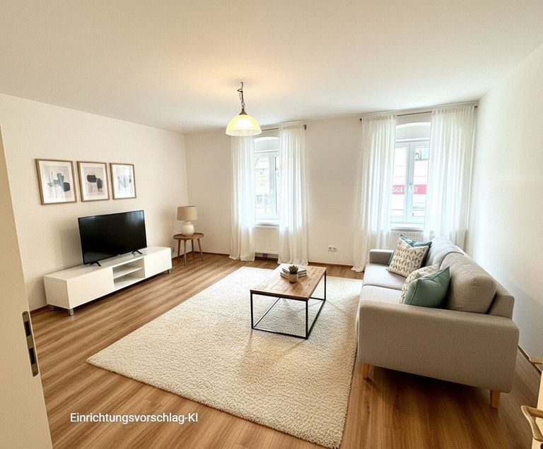Wohnzimmer mit Einrichtungsvorschlag/KI
