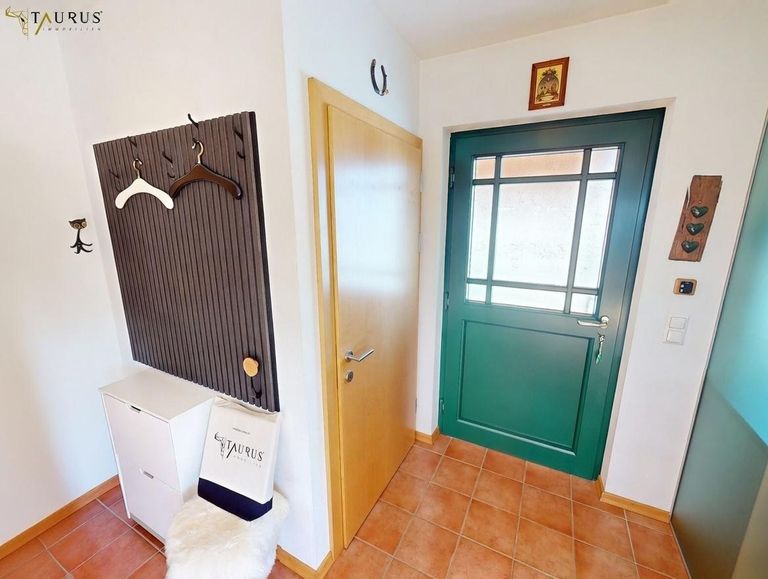 Haustür und Garderobe + Tür zum Keller