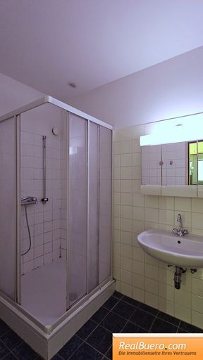 Badezimmer mit Dusche und Handwaschbecken
