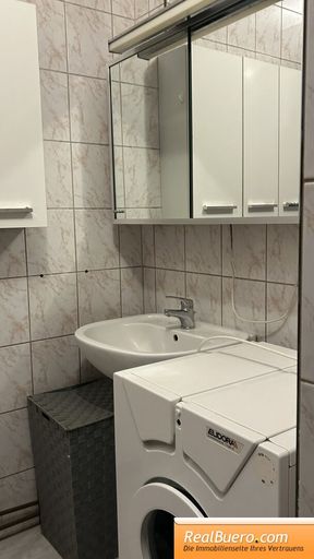 Badezimmer mit Dusche, Handwaschbecken, Waschmaschinenanschluss