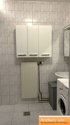 Badezimmer mit Dusche, Handwaschbecken, Waschmaschinenanschluss