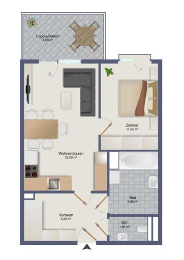 Grundriss Typ B, 2-Zimmer-Wohnung