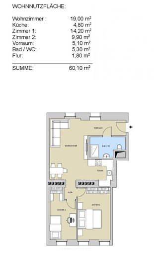Wohnungsplan ca. 60,10 m² + Balkon bewilligt