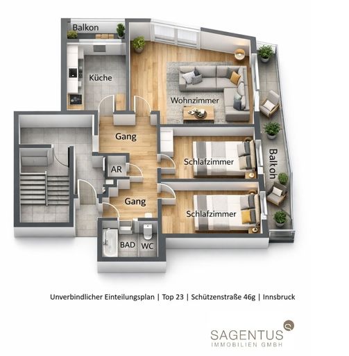 Einteilungsplan 3-Zimmer-Wohnung Innsbruck