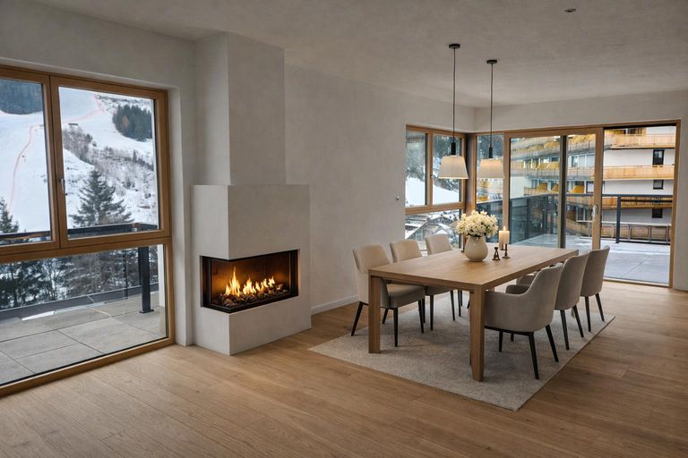 Virtual Staging Essbereich mit Kamin