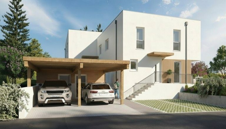 Außenansicht mit Abstellplätzen und Carport - Symbolbild