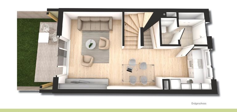 Grundrissplan Wohnebene mit Eigengarten und Terrasse