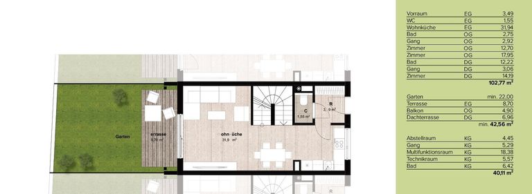 Grundrissplan Wohnebene mit Eigengarten und Terrasse