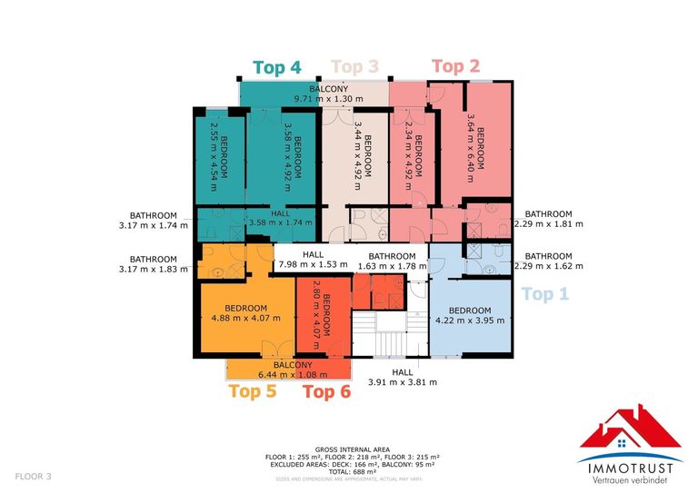 Obergeschoss mit Top 1 bis Top 6