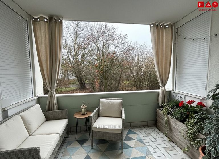 KI generierte Loggia mit Möbel/Deko u. Blumen